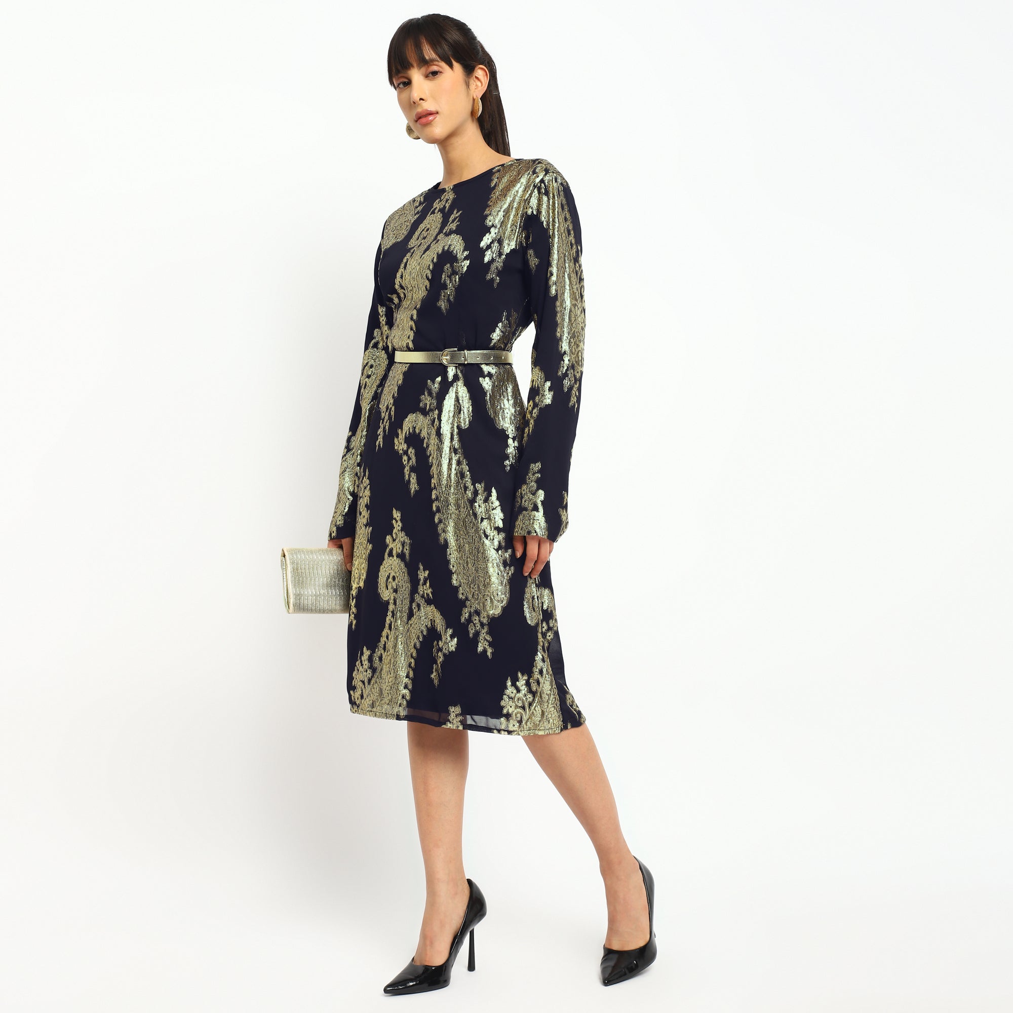 Regal Gold Paisley Midi Dress